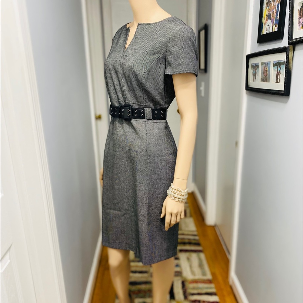 Tahari S Levine tweed Gray dress W Black belt - Picture 3 of 7